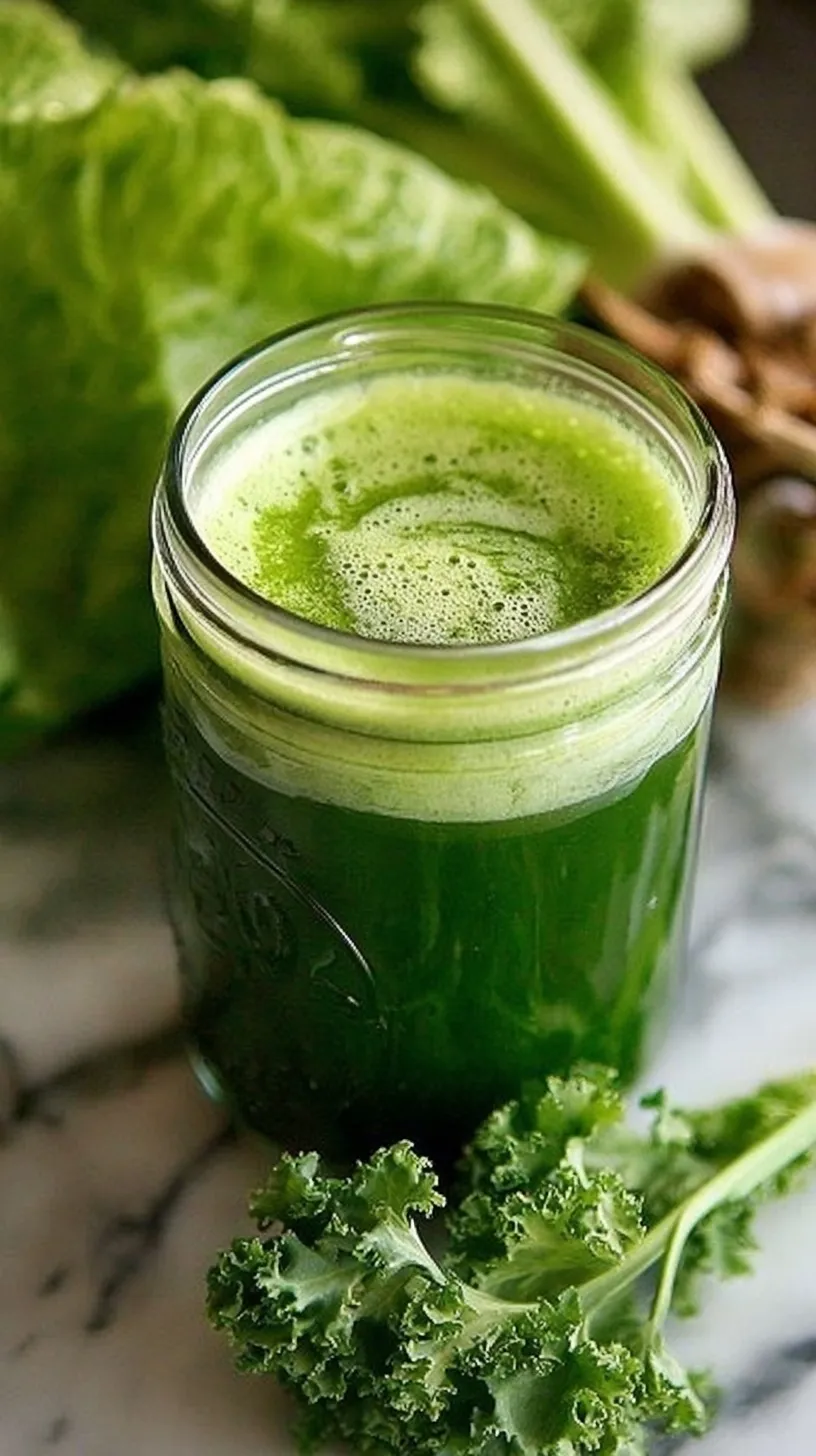 A vibrant glass of refreshing green juice with kale, cucumber, and green apple on a bright kitchen counter.