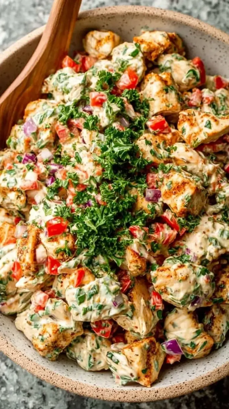 Chilled spicy chicken salad with sriracha and fresh cilantro in a bowl