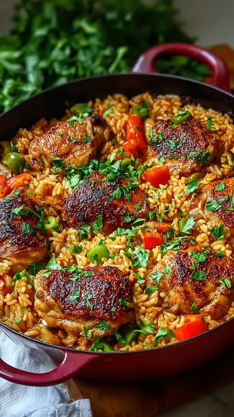 Flame-grilled peri-peri chicken thighs served over a bed of vibrant yellow vegetable rice with lemon wedges.