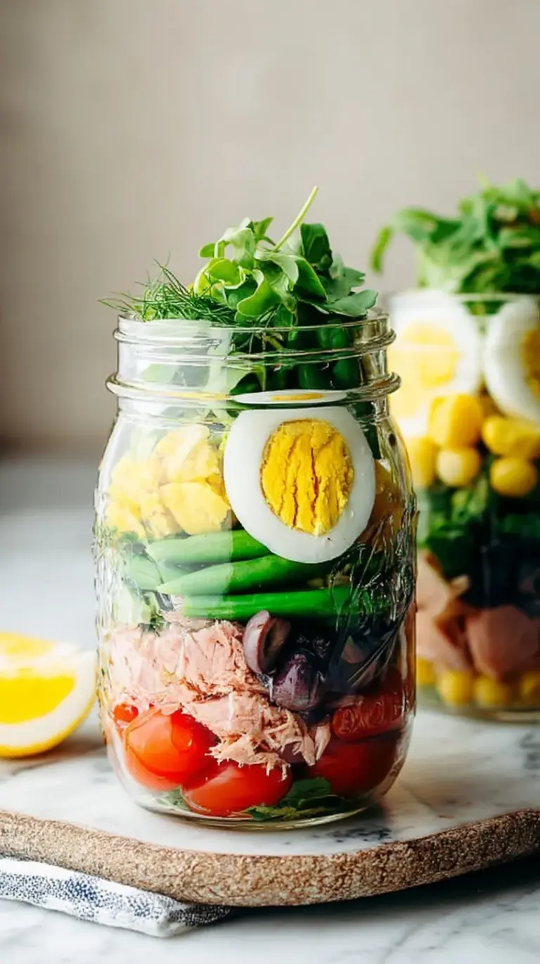 Four mason jars filled with layers of tuna, eggs, green beans, and potatoes for a Nicoise salad