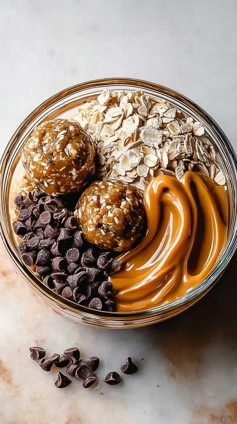 A pile of round peanut butter energy bites with chocolate chips on a white plate