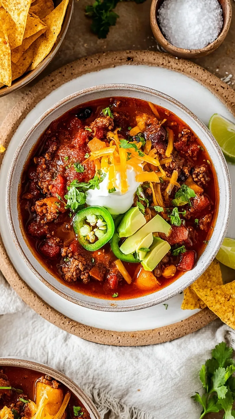 A steaming bowl of thick No-Bean Beef Chili topped with shredded cheese and fresh jalapeños.