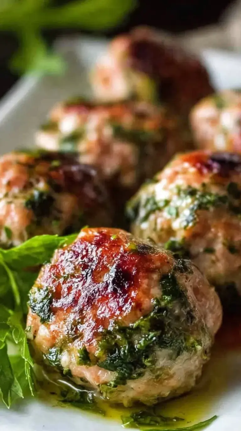 Golden brown pesto turkey meatballs on a baking sheet with fresh basil garnish