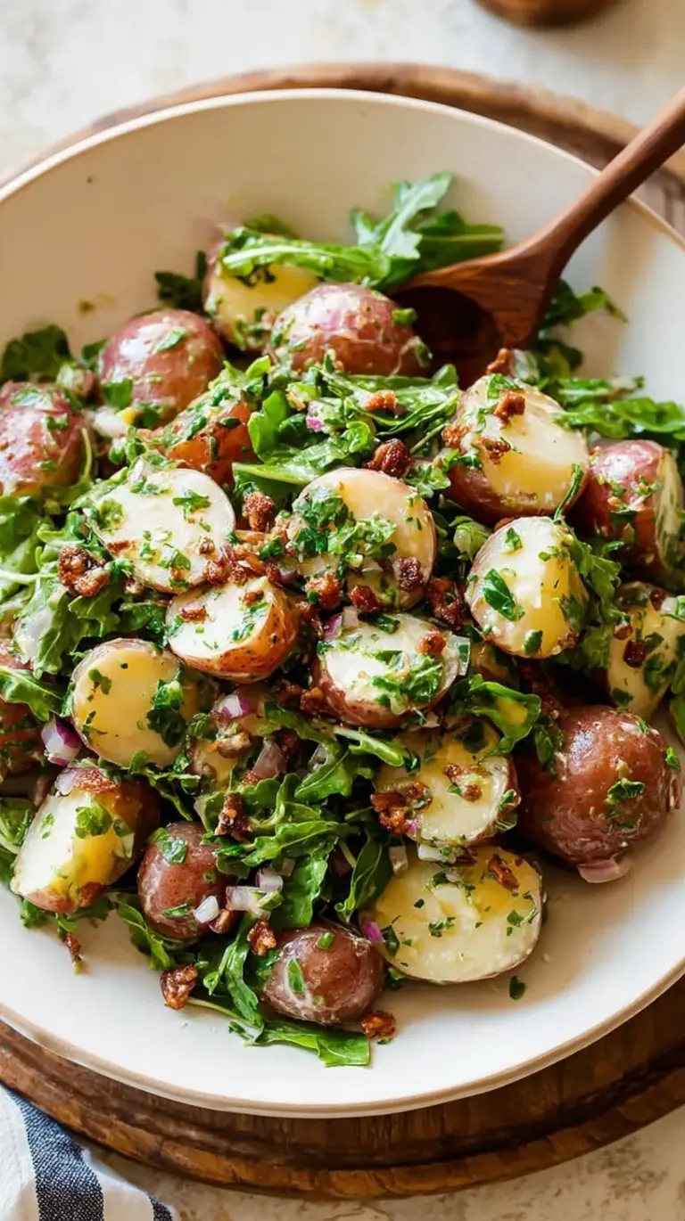 A bowl of herb-flecked no mayo potato salad with Yukon Gold potatoes and red onions.