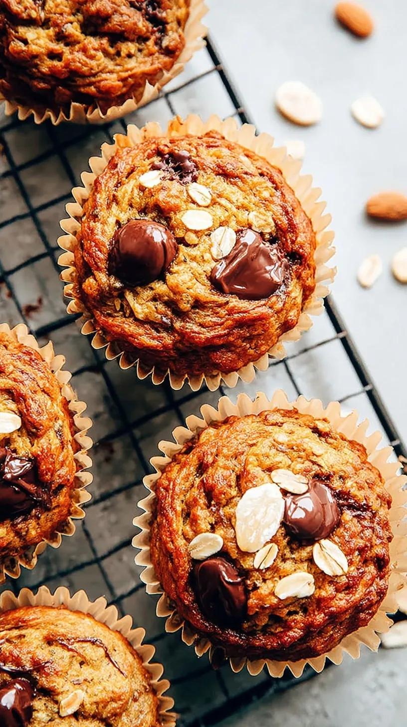 A stack of golden brown Oatmeal Banana Muffins on a wire cooling rack