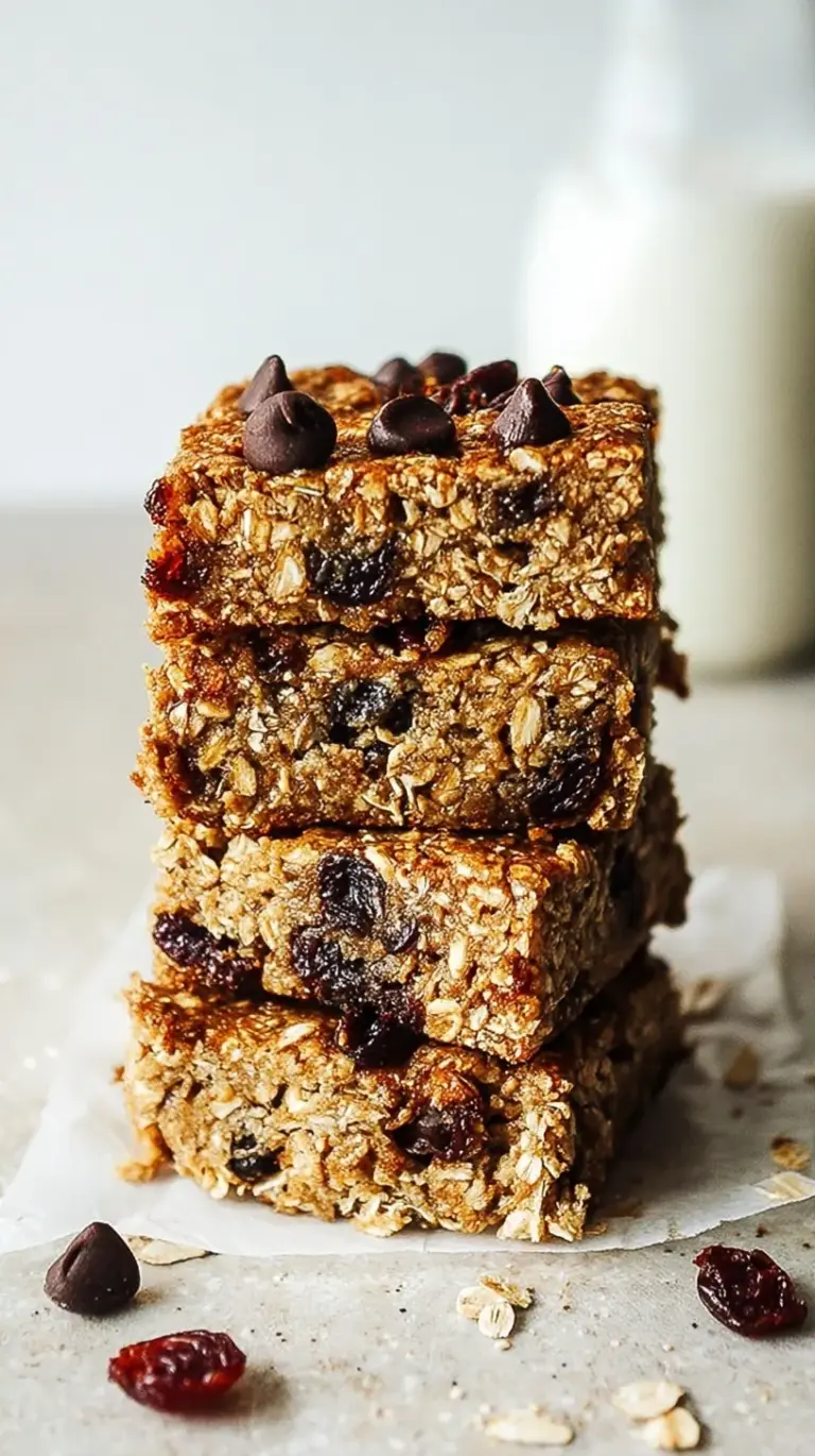A stack of chewy oatmeal breakfast bars with dark chocolate chips on parchment paper.