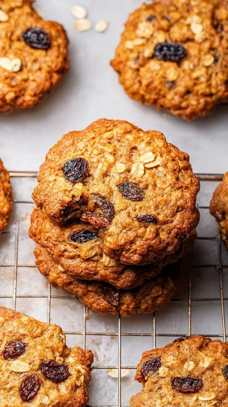 A stack of soft and chewy oatmeal raisin cookies on a wire cooling rack.