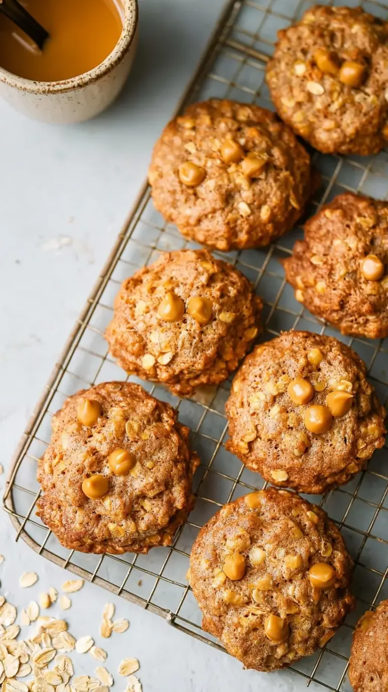 A stack of chewy oatmeal scotchies with melted butterscotch chips and golden edges