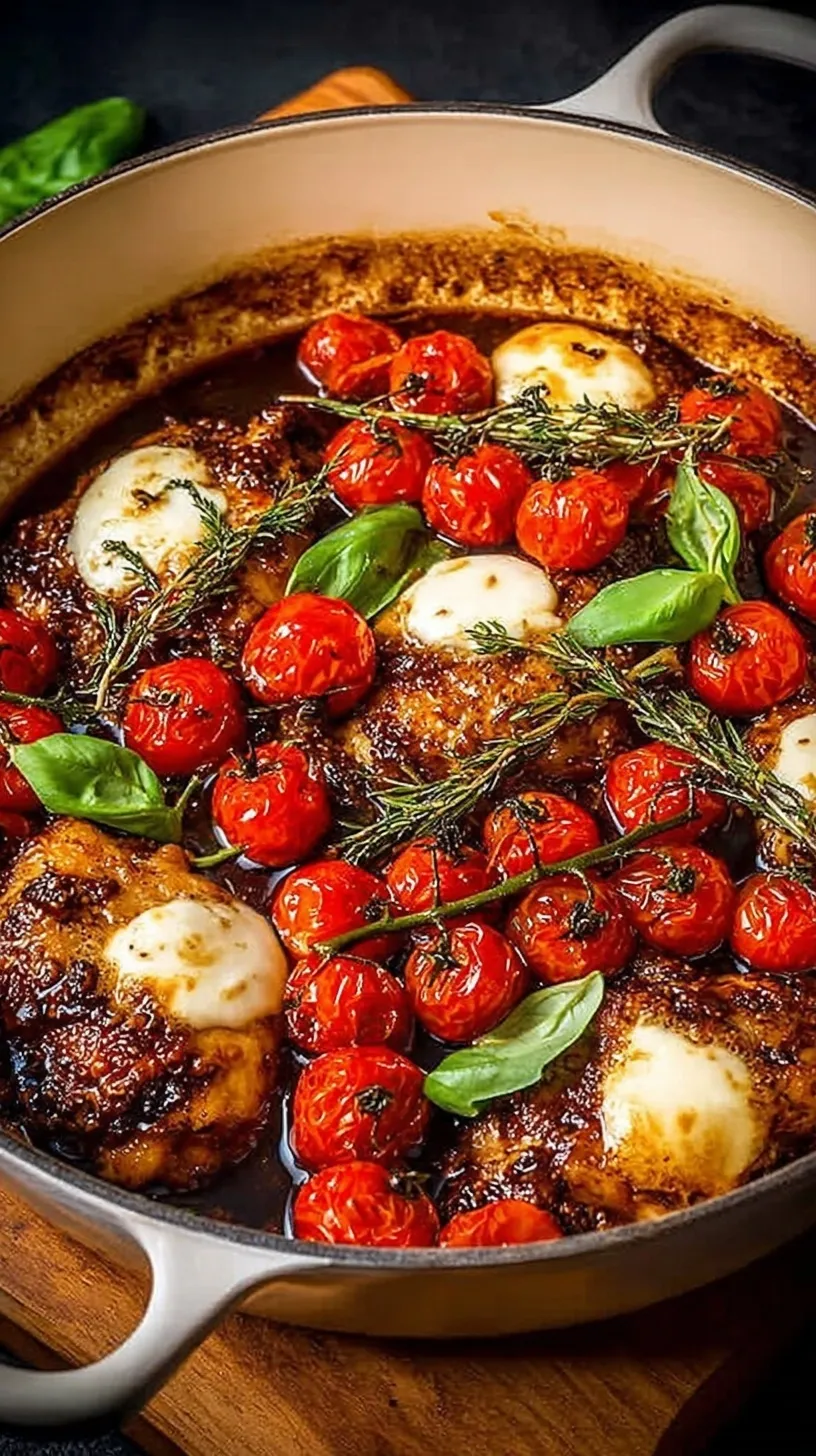 Sizzling balsamic chicken breasts in a skillet with burst cherry tomatoes and fresh basil