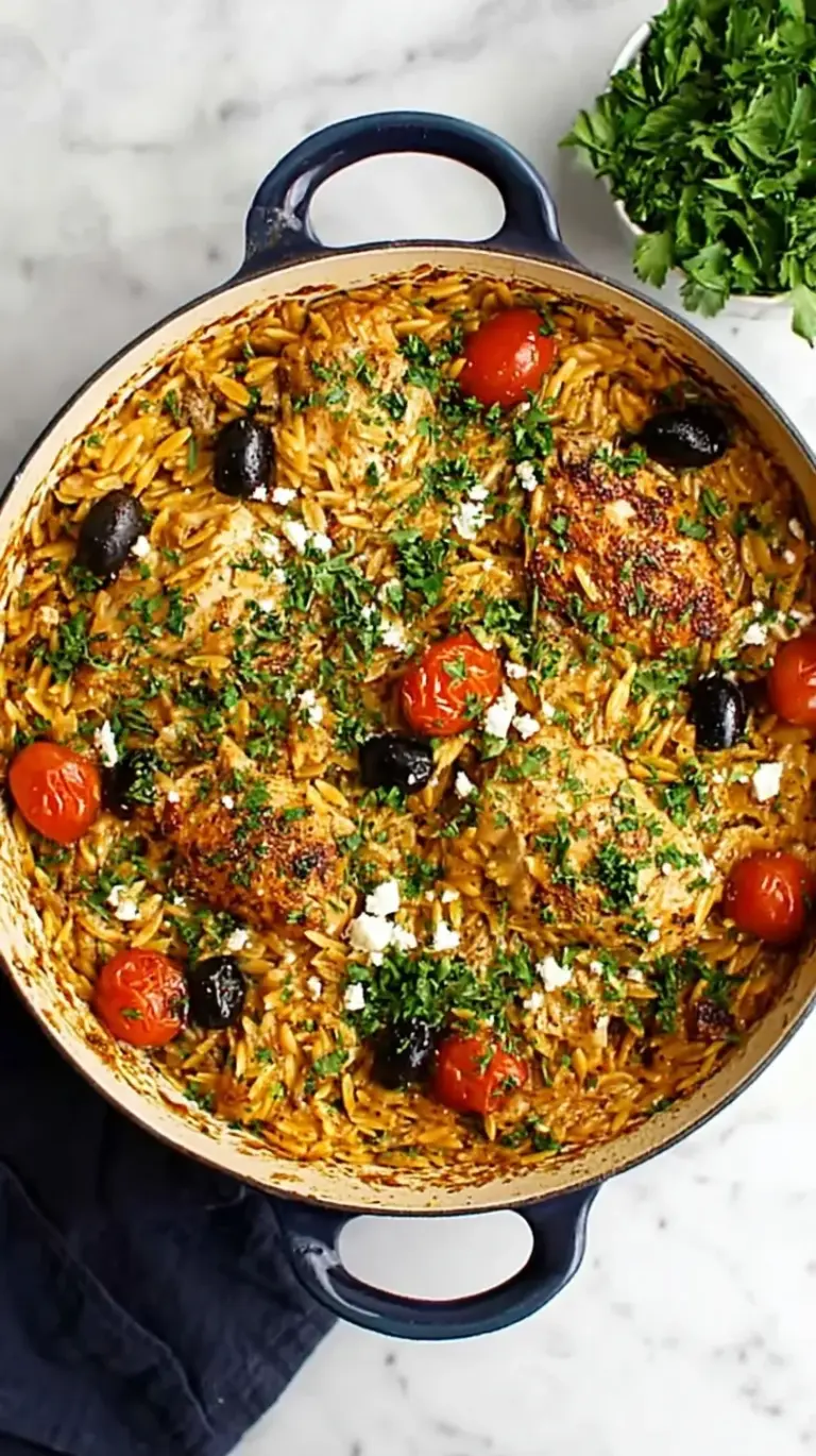 Creamy One Pan Chicken Orzo in a skillet with seared chicken, spinach, and lemon slices