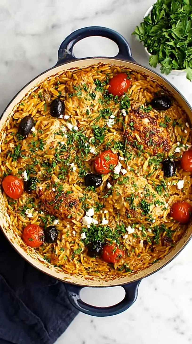 Creamy One Pan Chicken Orzo in a skillet with seared chicken, spinach, and lemon slices