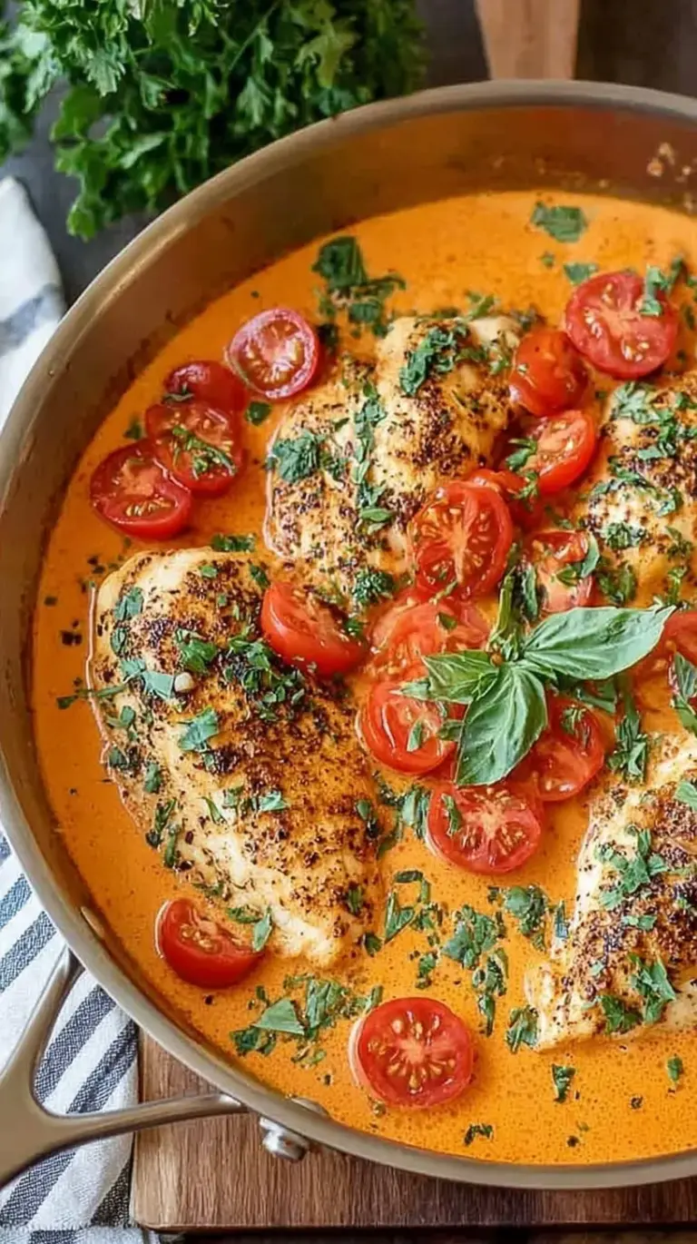 Golden seared chicken breasts in a rich, creamy tomato sauce with fresh basil in a black skillet