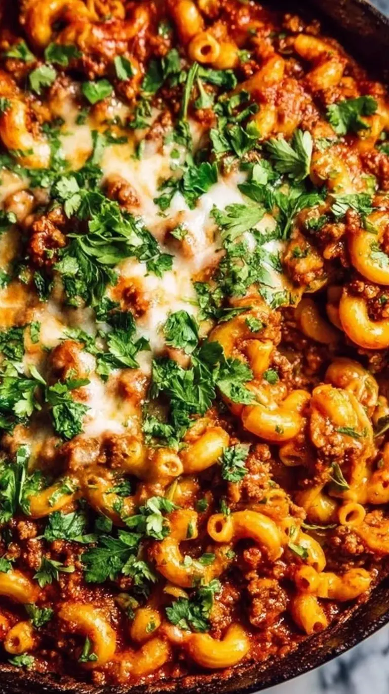 A creamy, cheesy bowl of chili mac with beef and black beans in a cast iron skillet