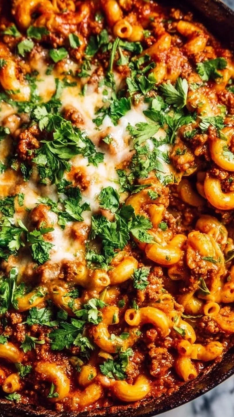 A creamy, cheesy bowl of chili mac with beef and black beans in a cast iron skillet