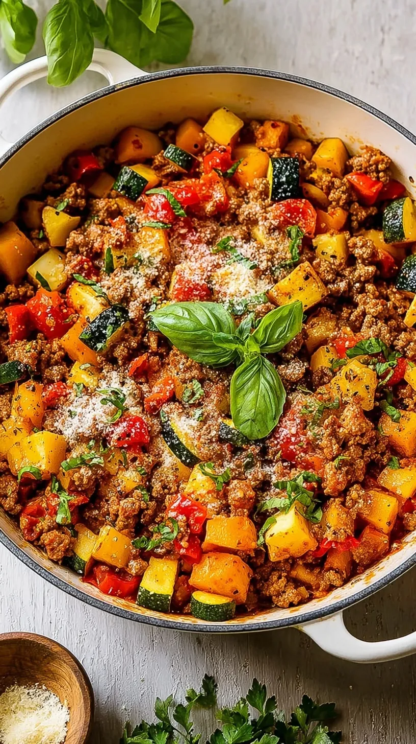 A vibrant one-pan Italian ground turkey and zucchini skillet garnished with parmesan and parsley.