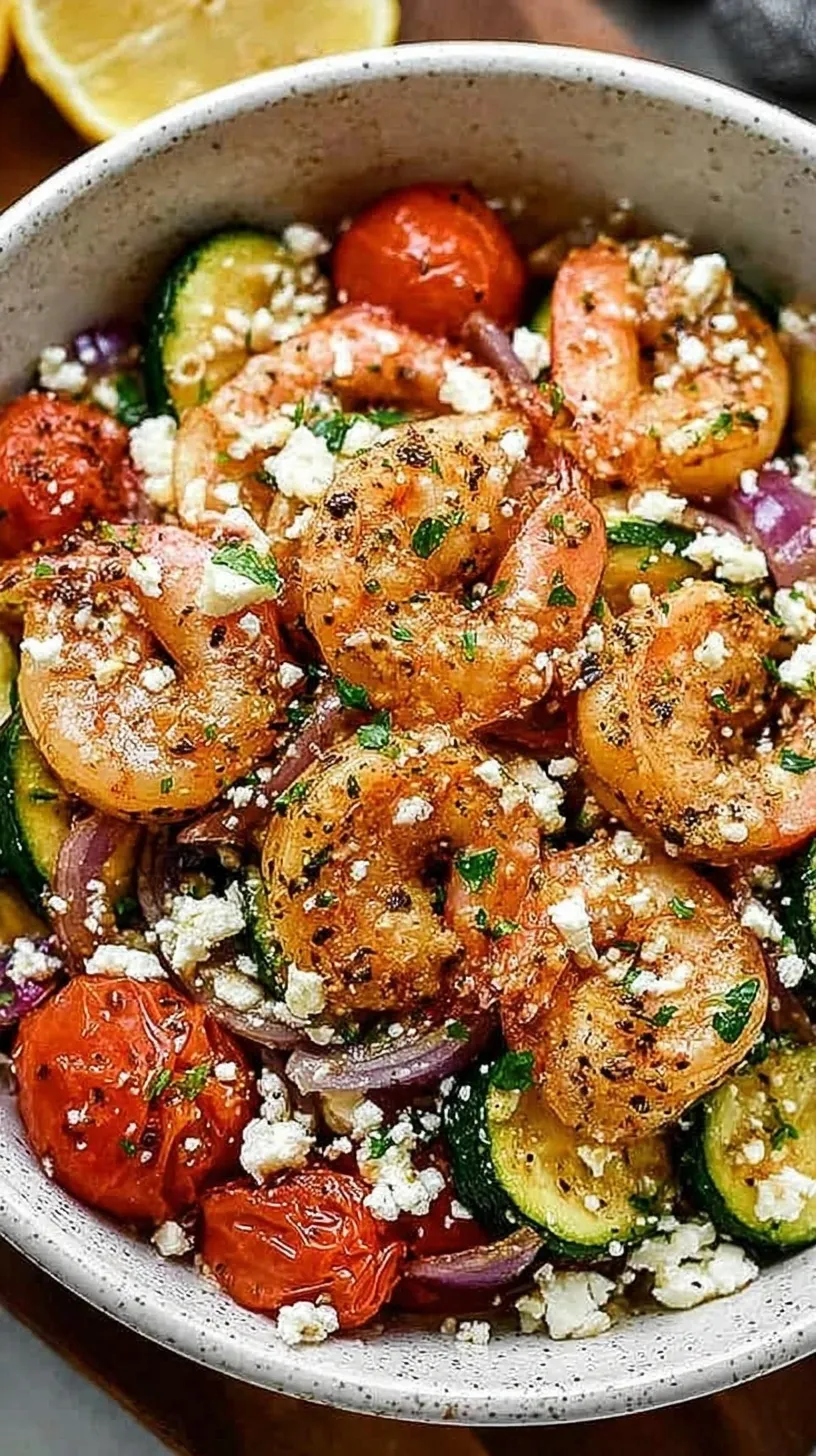 Roasted shrimp with cherry tomatoes, Kalamata olives, and melted feta cheese in a baking dish.