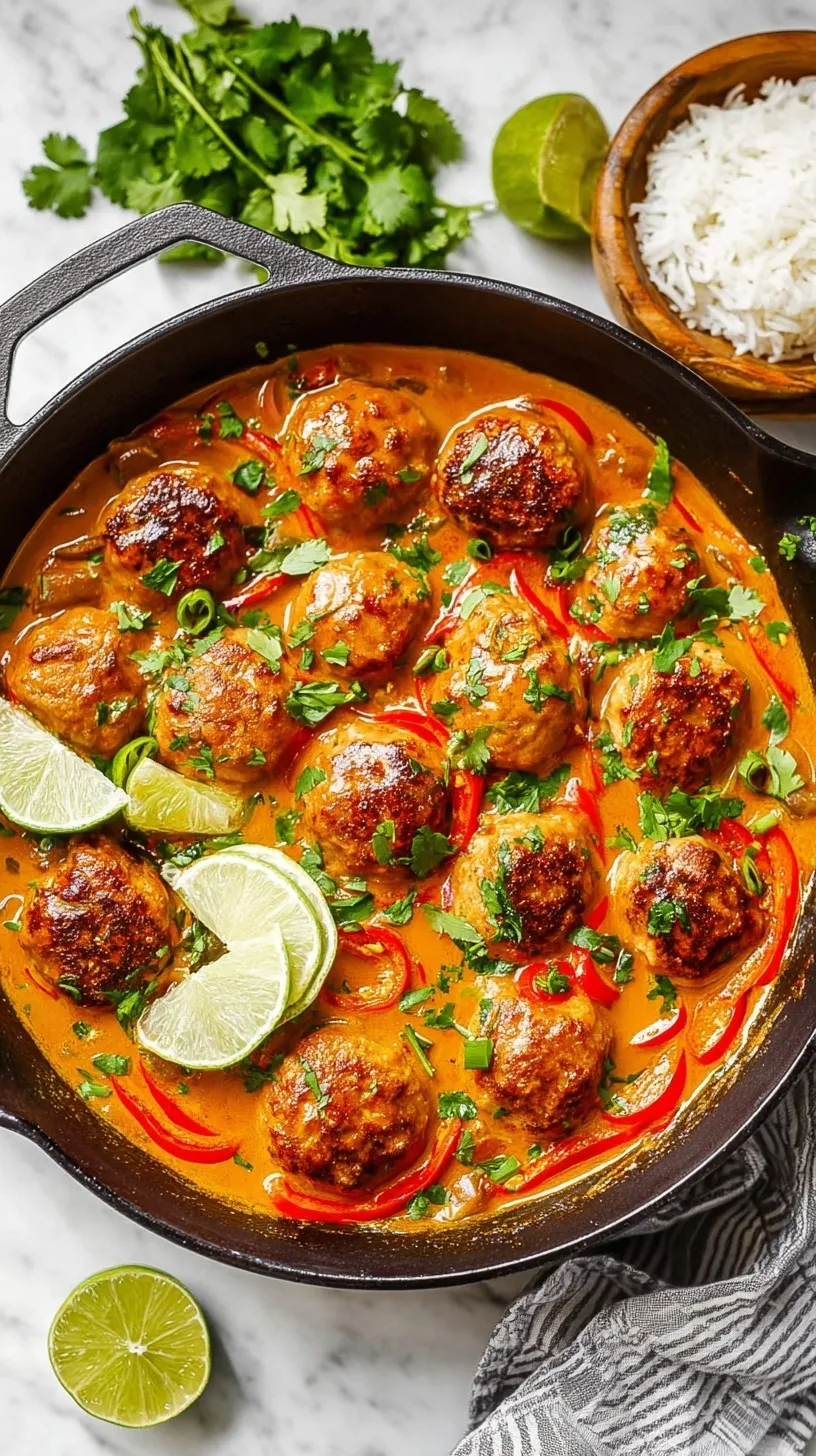 Golden-brown chicken meatballs simmering in a vibrant red curry coconut sauce with spinach and red peppers
