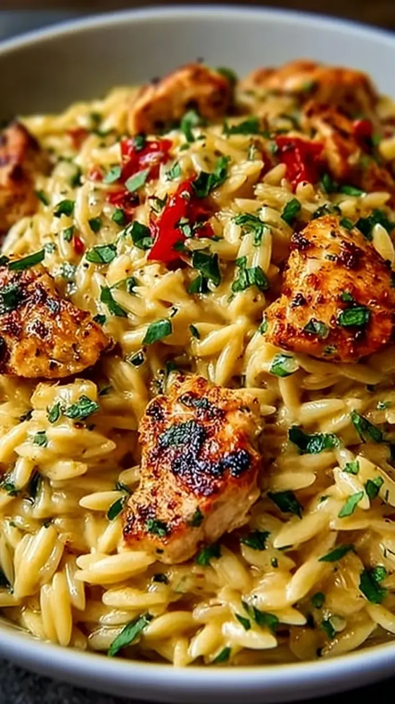 A close-up shot of creamy Cajun chicken alfredo orzo in a black skillet with fresh parsley garnish.