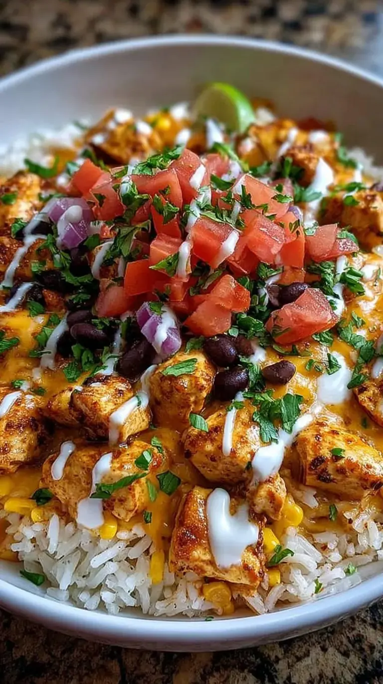 A large skillet filled with cheesy southwest chicken rice garnished with fresh cilantro and lime.