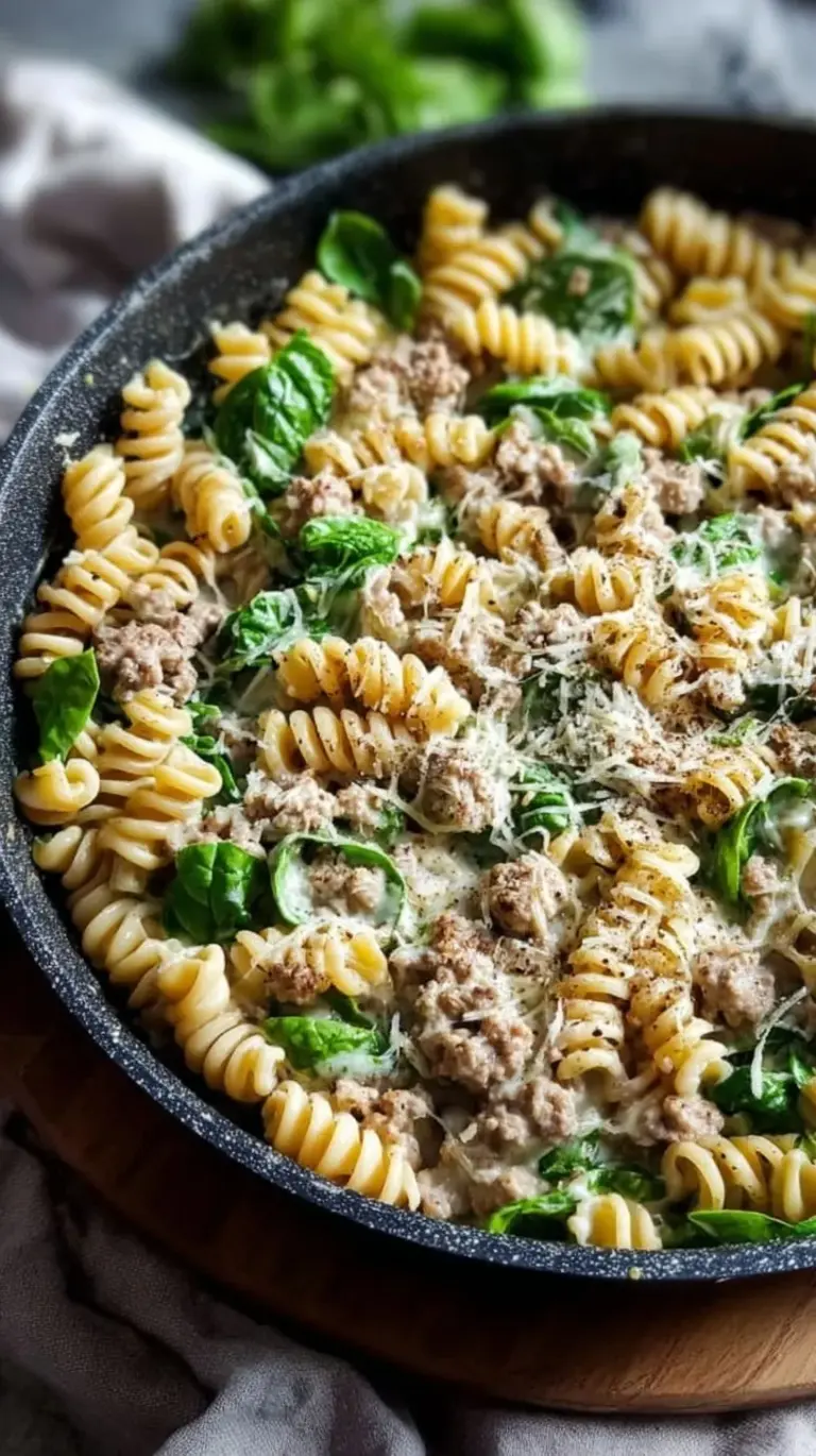 A close up of creamy rotini pasta with ground turkey and spinach in a large black skillet.