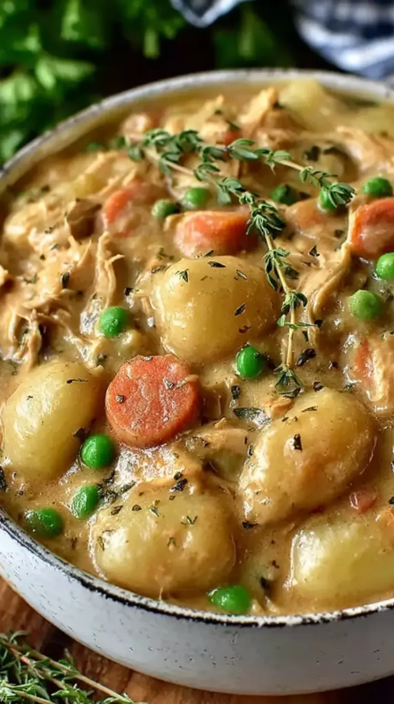 Creamy one pot gnocchi chicken pot pie with carrots, peas, and tender chicken in a Dutch oven