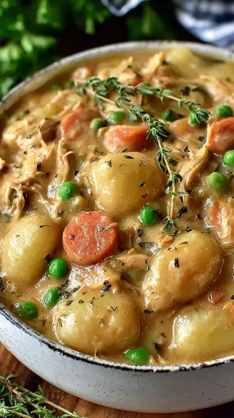 Creamy one pot gnocchi chicken pot pie with carrots, peas, and tender chicken in a Dutch oven