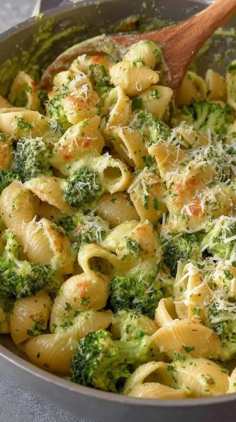 Creamy one pot broccoli mac and cheese with whole wheat pasta and fresh florets in a dutch oven