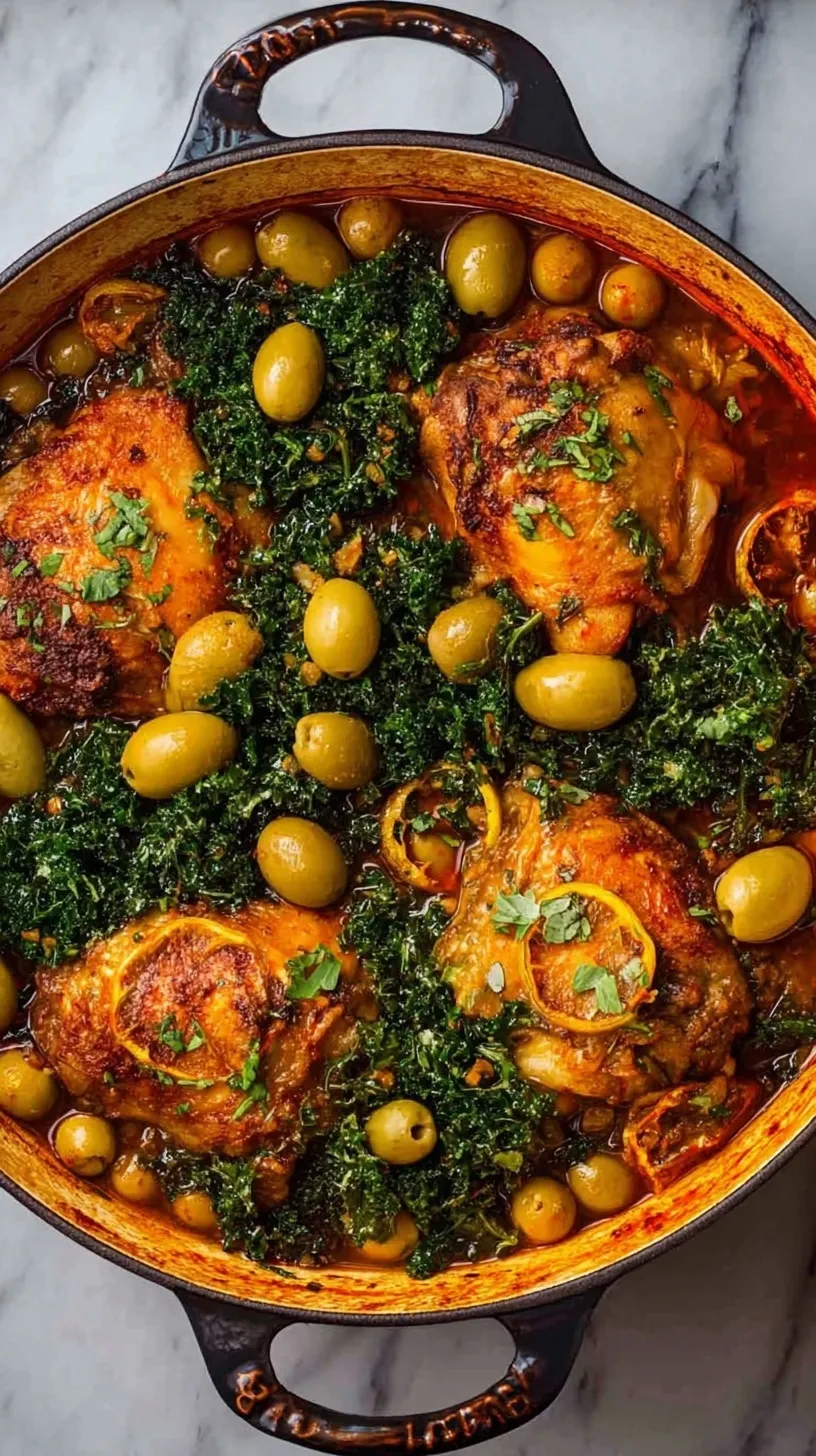 Golden brown Moroccan braised chicken thighs in a Dutch oven with green olives and fresh herbs