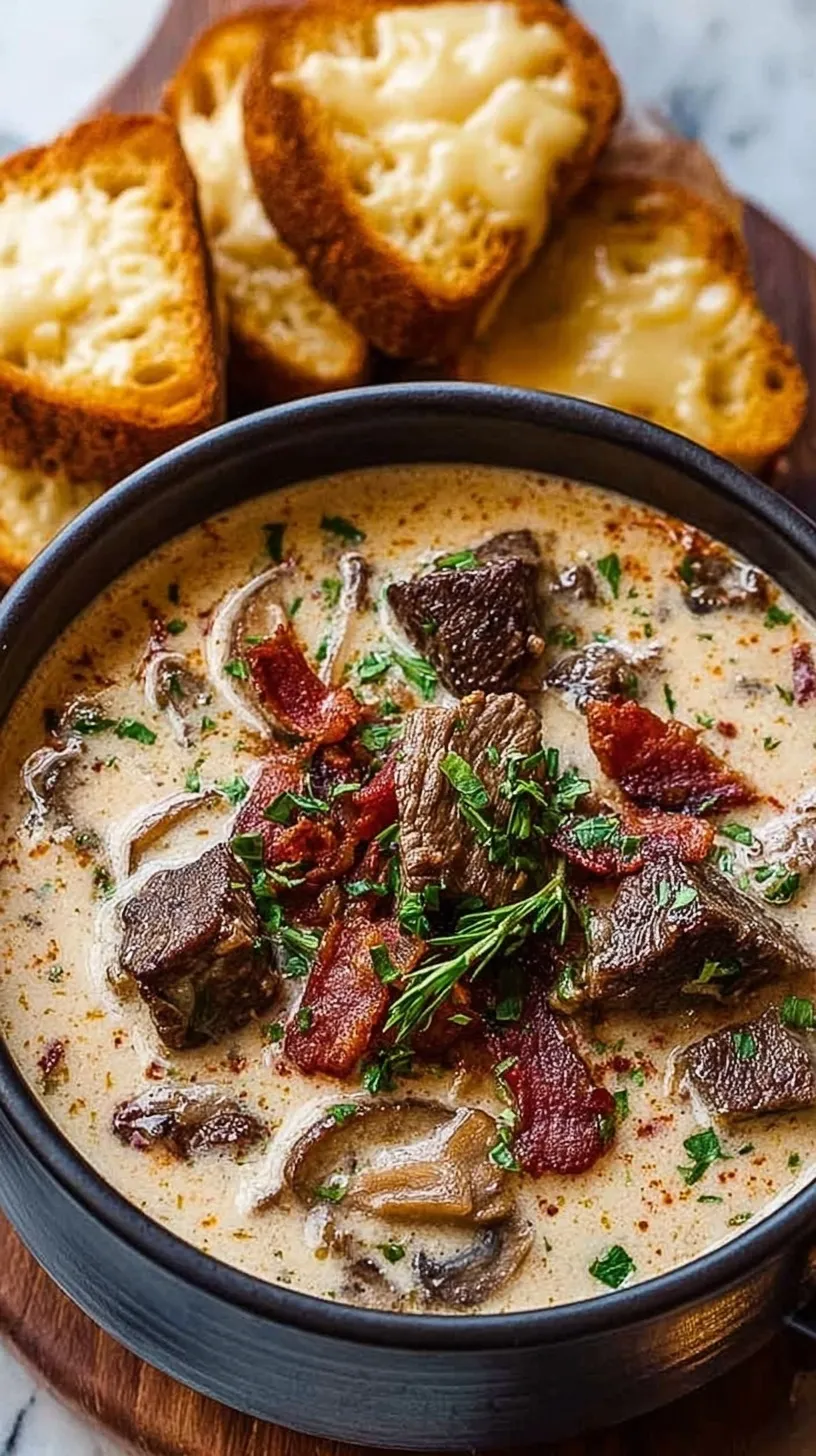 A bowl of creamy Philly cheesesteak soup topped with a golden provolone toast round and crispy bacon bits.