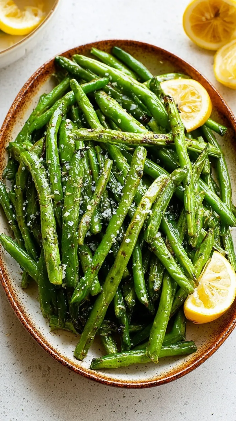 A tray of blistered, golden-brown oven roasted green beans with minced garlic and lemon juice.