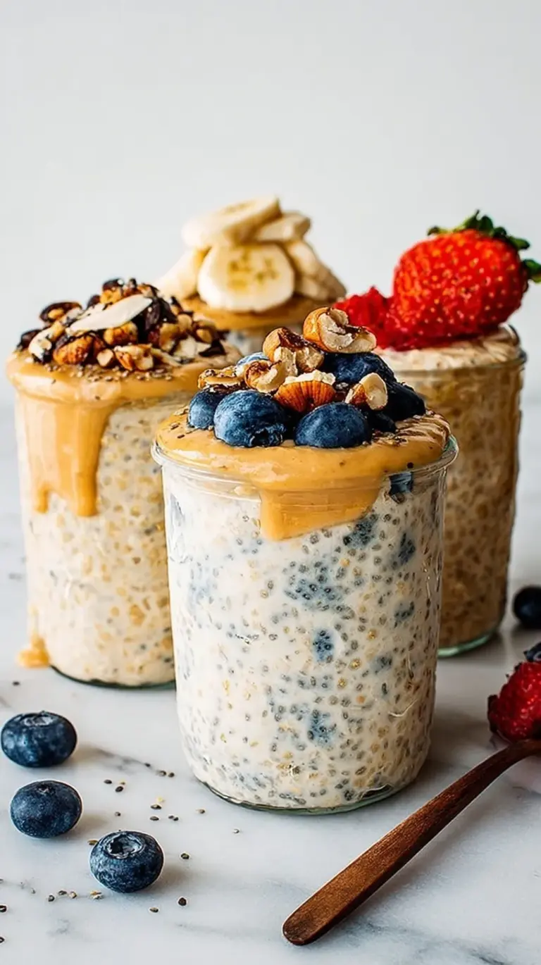 A jar of creamy overnight oats topped with fresh berries and chia seeds