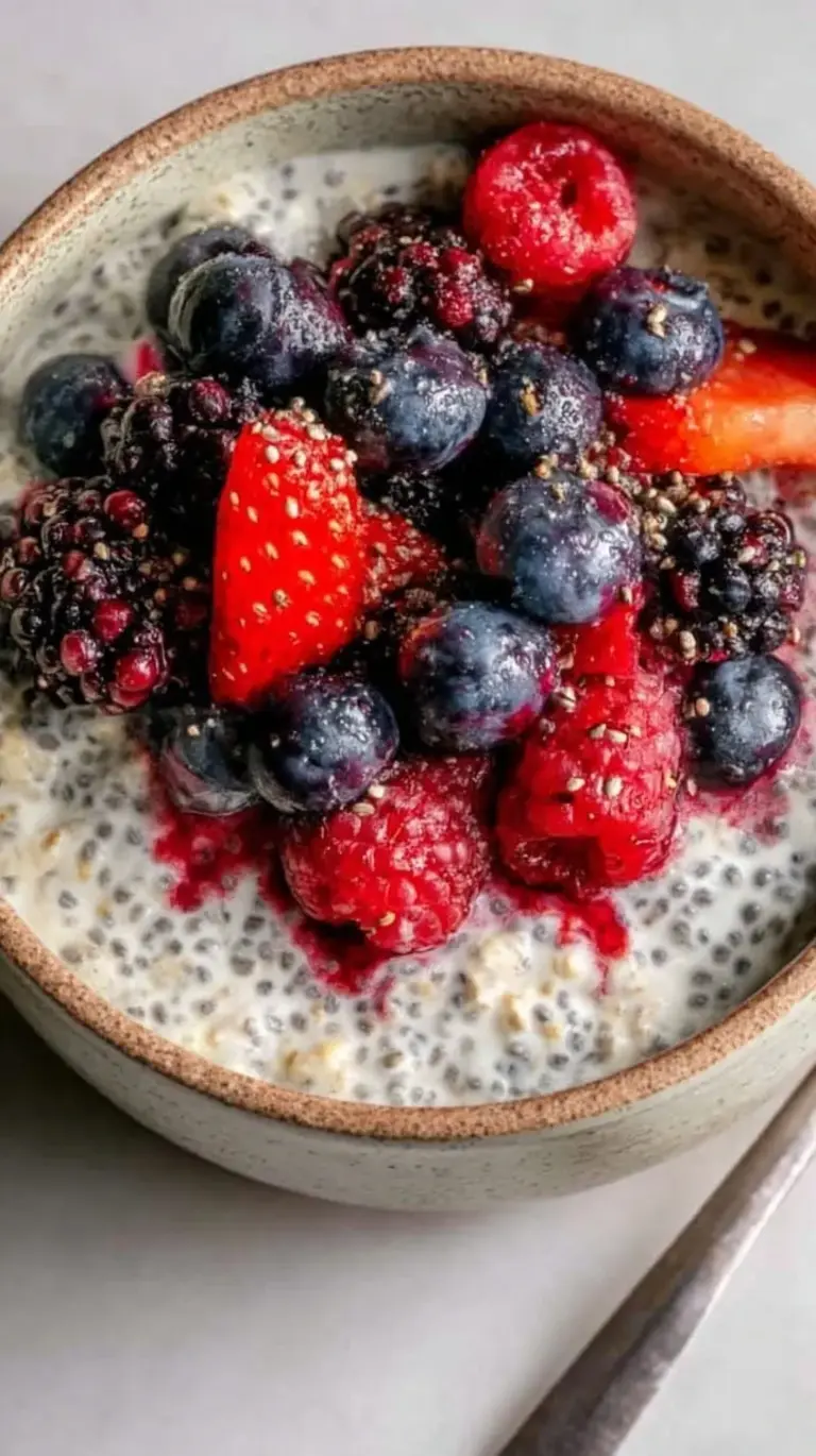 A glass jar filled with creamy overnight oats topped with fresh strawberries, blueberries, and raspberries.