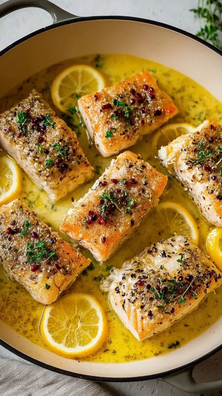 Golden-brown pan-seared mahi mahi fillets in a skillet with lemon and parsley