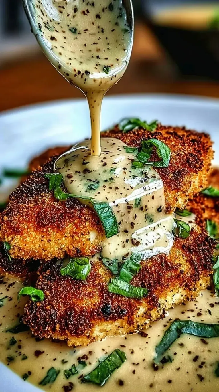 Golden brown Parmesan crusted chicken cutlet topped with creamy garlic sauce and fresh parsley