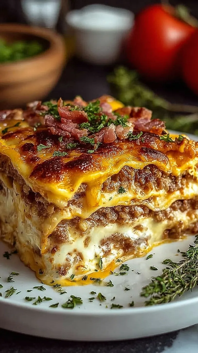 A cheesy slice of Parmesan Garlic Bacon Cheeseburger Lasagna with crispy bacon on top