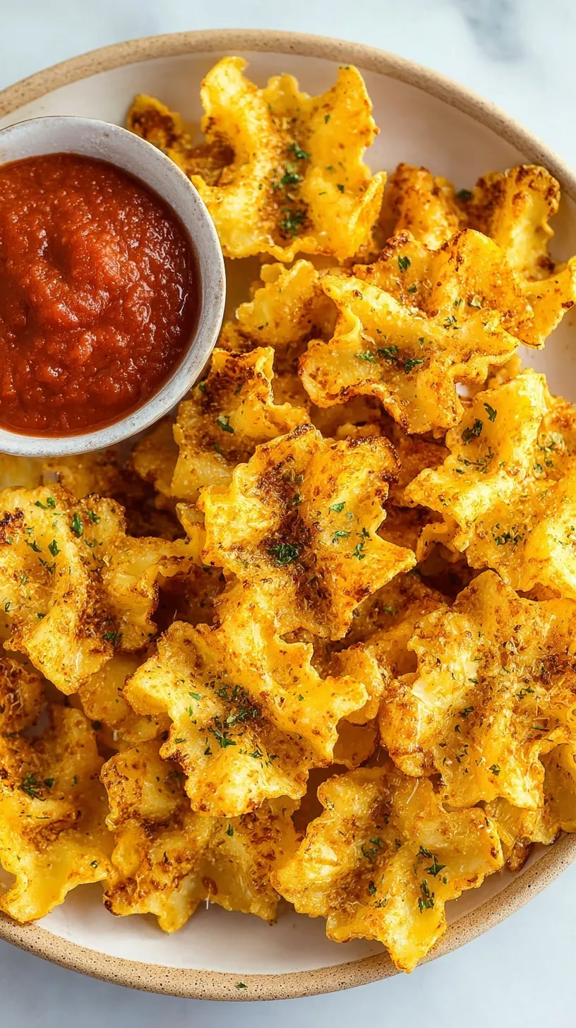 Golden brown crispy air fried pasta chips in a bowl with parmesan and herbs