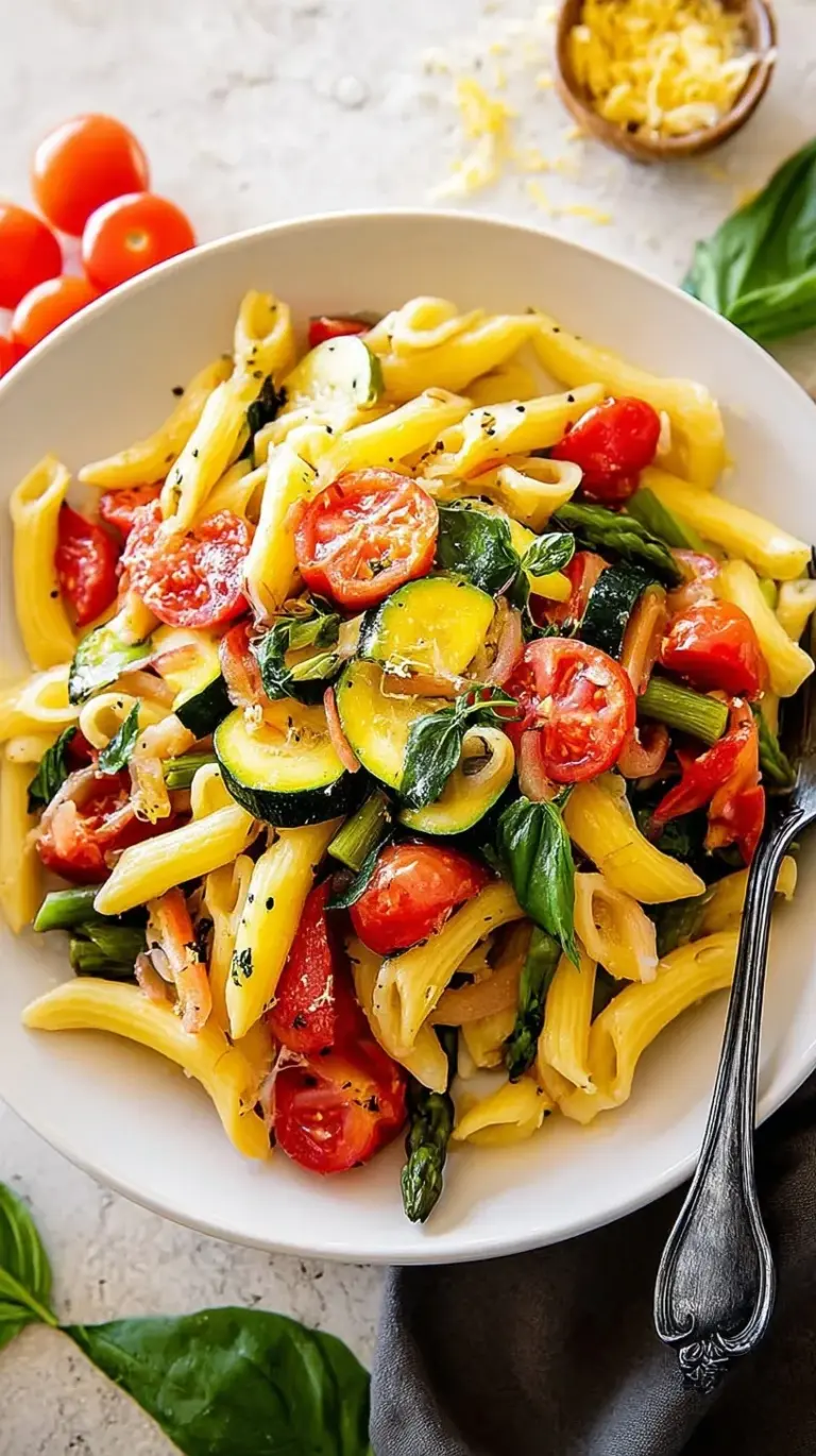 A colorful bowl of Pasta Primavera with broccoli, zucchini, and carrots in a light cream sauce.