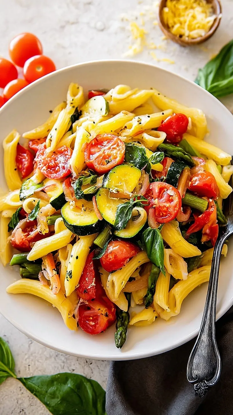 A colorful bowl of Pasta Primavera with broccoli, zucchini, and carrots in a light cream sauce.