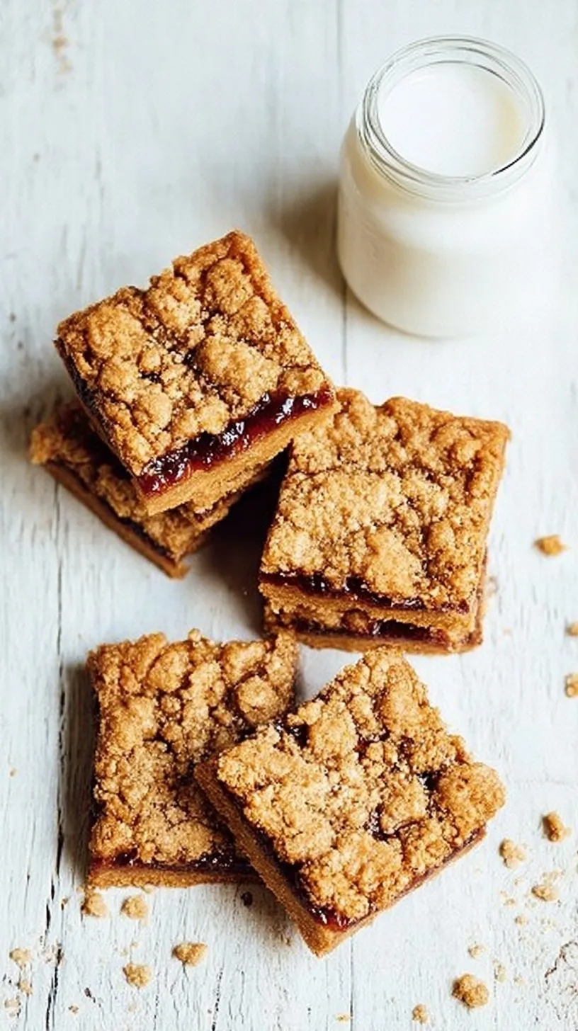 Layered peanut butter bars with strawberry jam and oat crumble on top