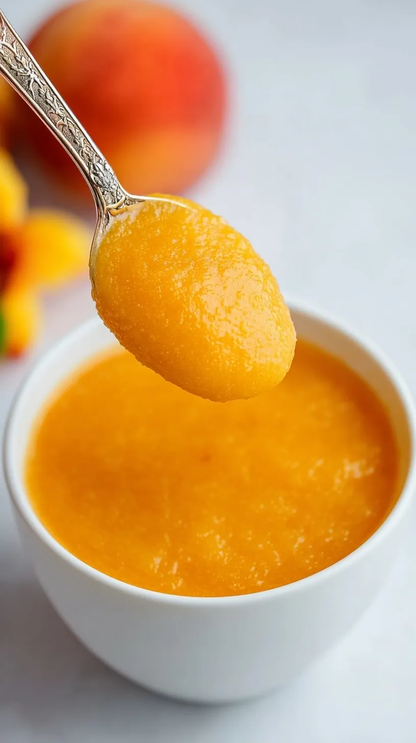 Smooth and vibrant orange peach puree in a glass jar with fresh peach slices nearby