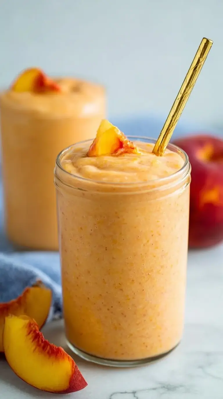 A creamy peach smoothie in a glass with a straw