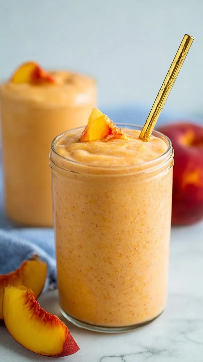 A creamy peach smoothie in a glass with a straw