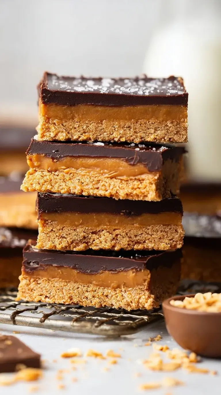 Close up of sliced peanut butter bars with thick chocolate topping on parchment paper