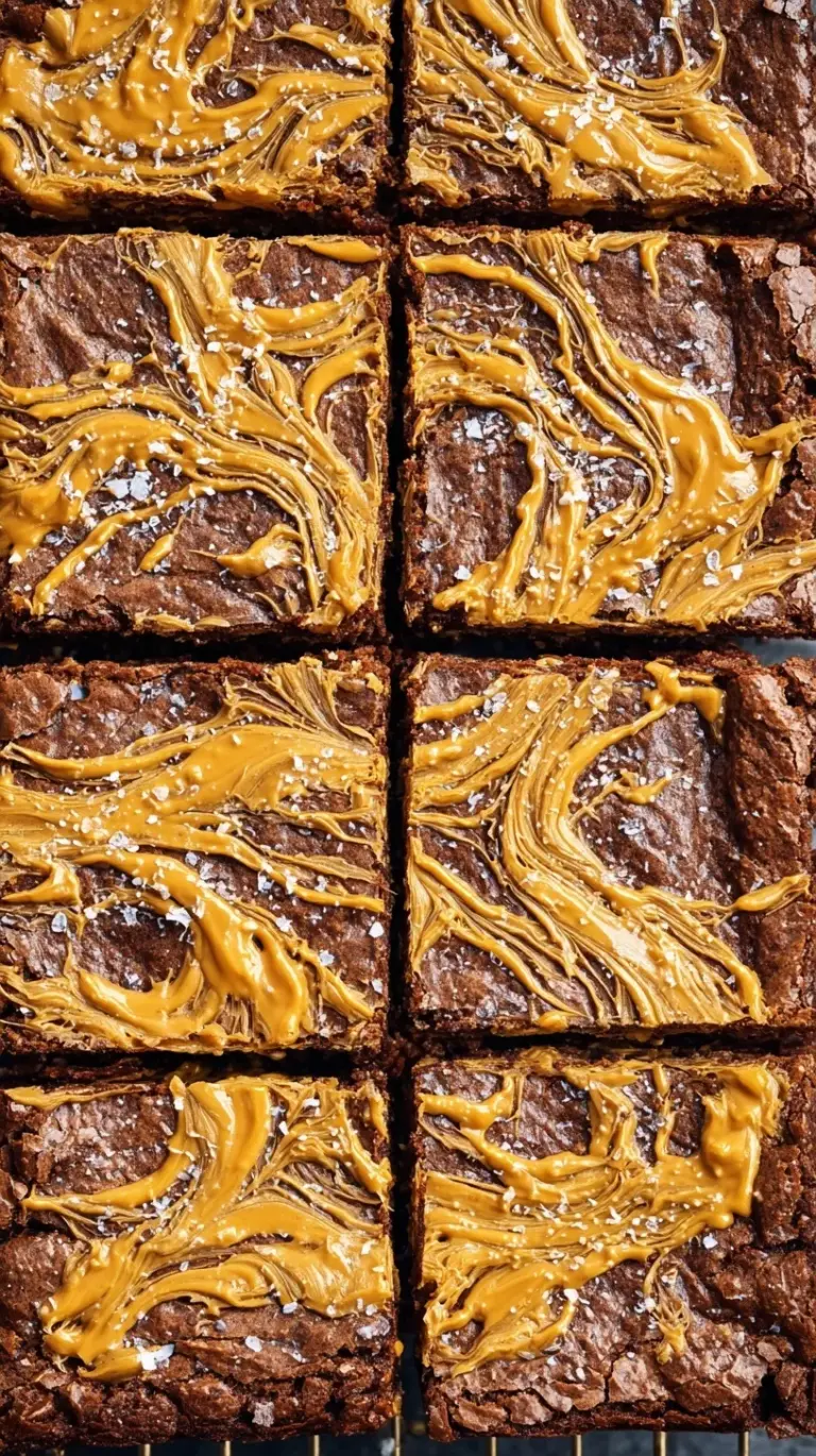 Dense chocolate brownies with a marbled creamy peanut butter swirl on top