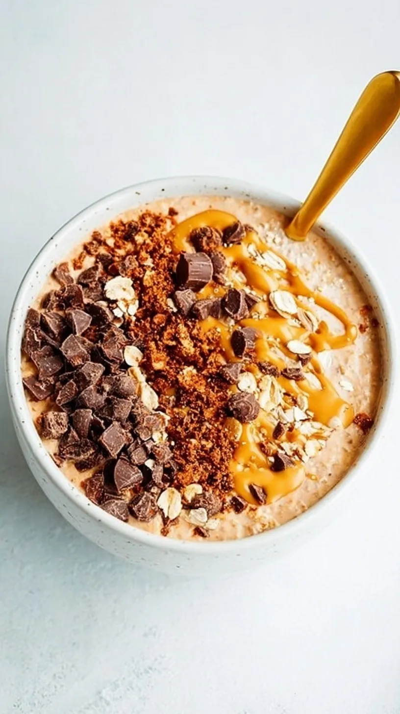 A jar of chocolate and peanut butter overnight oats topped with dark chocolate chips.