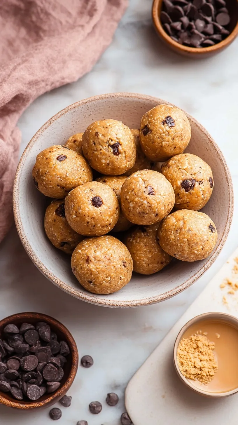 A tray of round peanut butter protein balls with dark chocolate chips and chia seeds