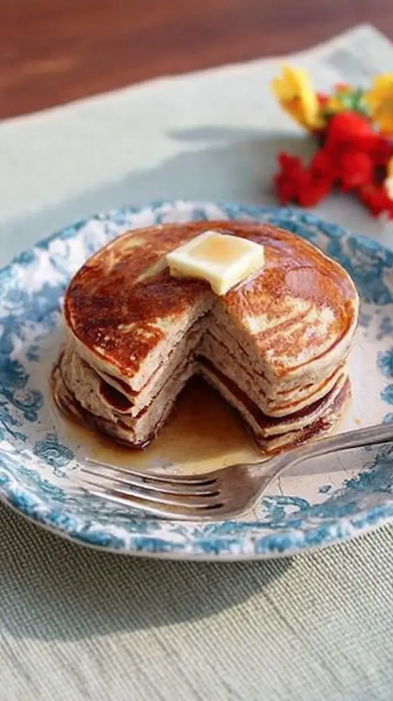 A stack of golden brown peanut flour pancakes topped with fresh berries and maple syrup.