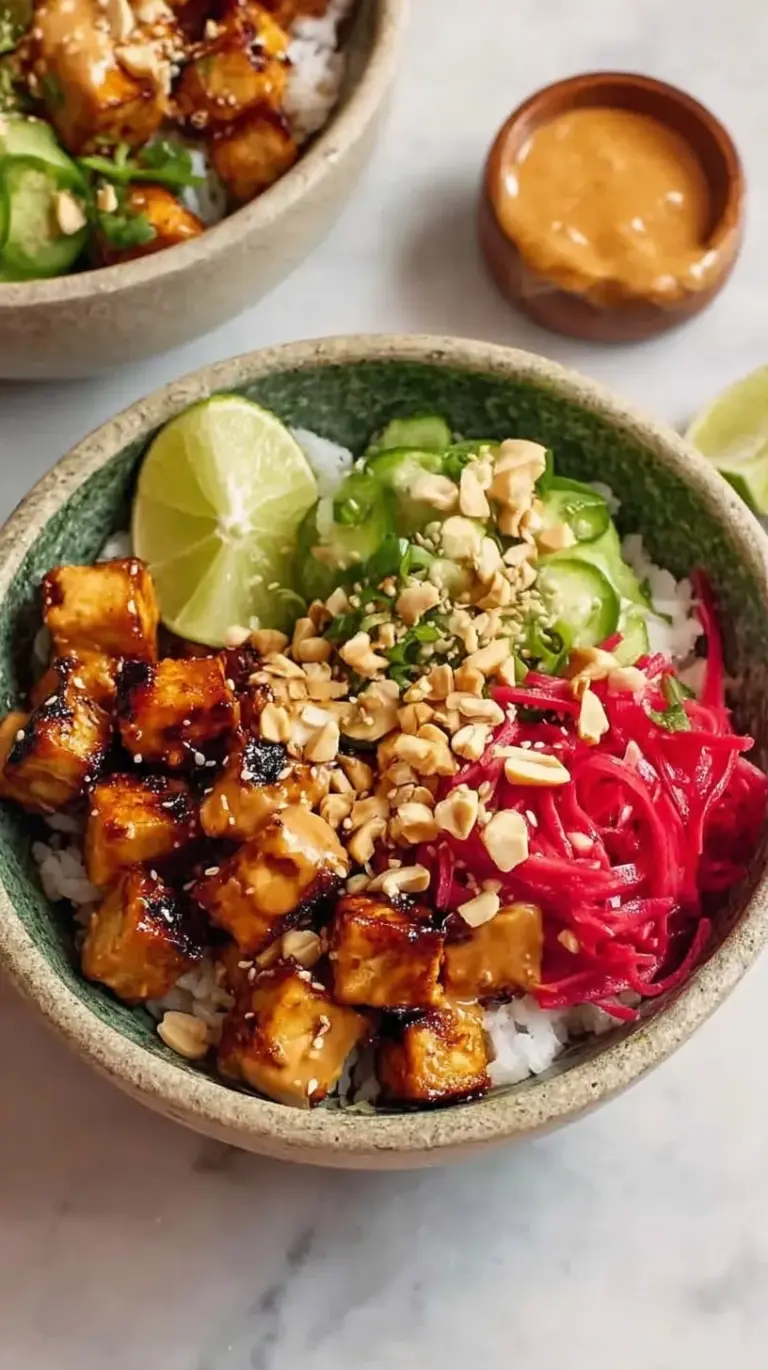 Golden crispy tofu cubes glazed in peanut sauce over jasmine rice and steamed broccoli