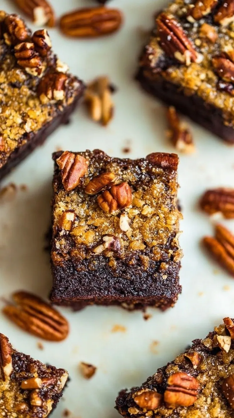 A stack of sliced Pecan Pie Brownies showing the fudgy chocolate layer and gooey pecan topping.