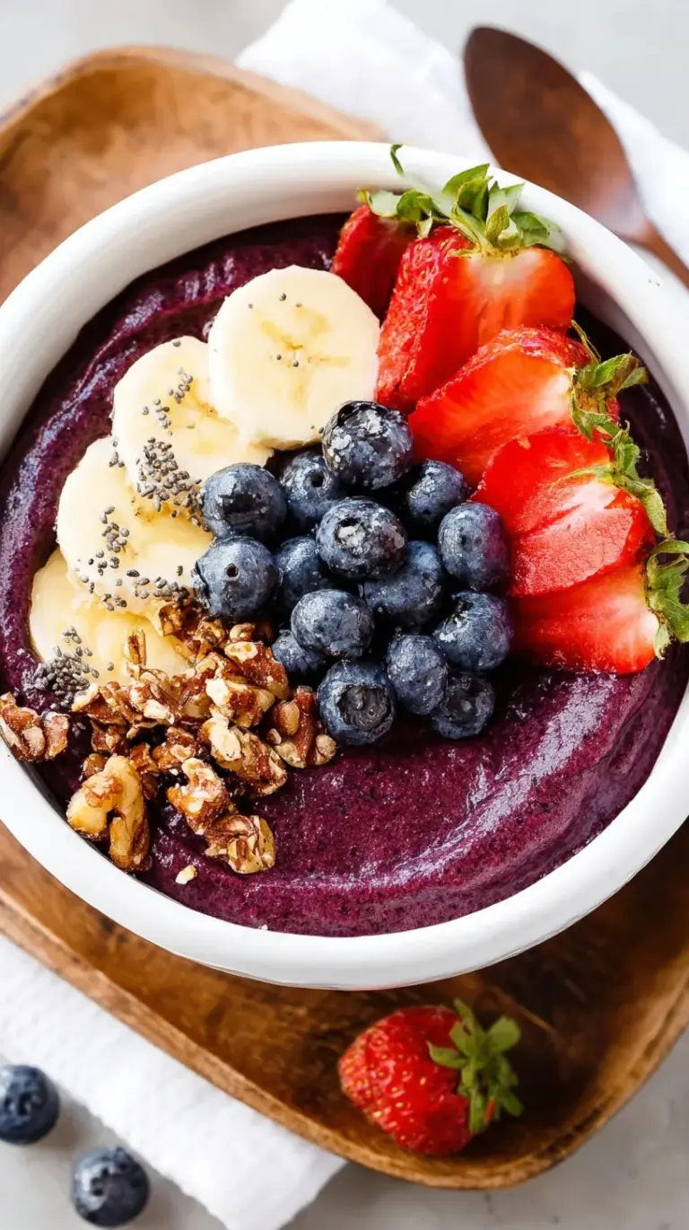A vibrant purple acai bowl topped with fresh strawberries, banana slices, granola, and chia seeds.